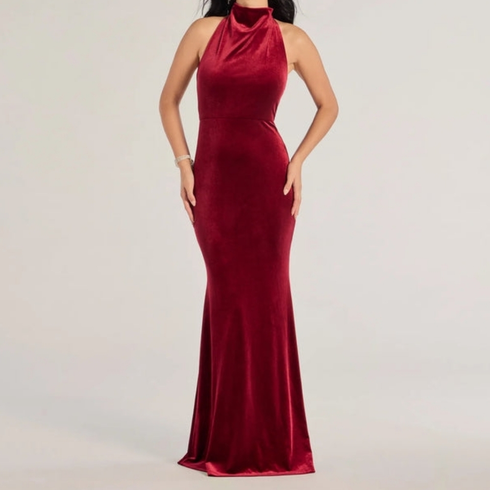 Sz L (8-10) Windsor Nara Halter Cowlneck Velour Mermaid Gown + Ruching Burgundy